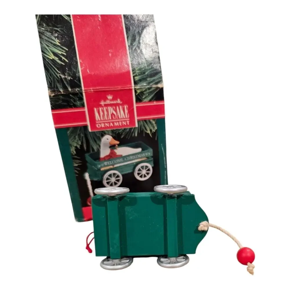 1990 Goose Cart with Welcome Christmas on Wagon Hallmark Ornament in Orig. Box